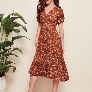 SHEIN L/XL 12 Copper Floral Ruch Sleeve Midi Dress